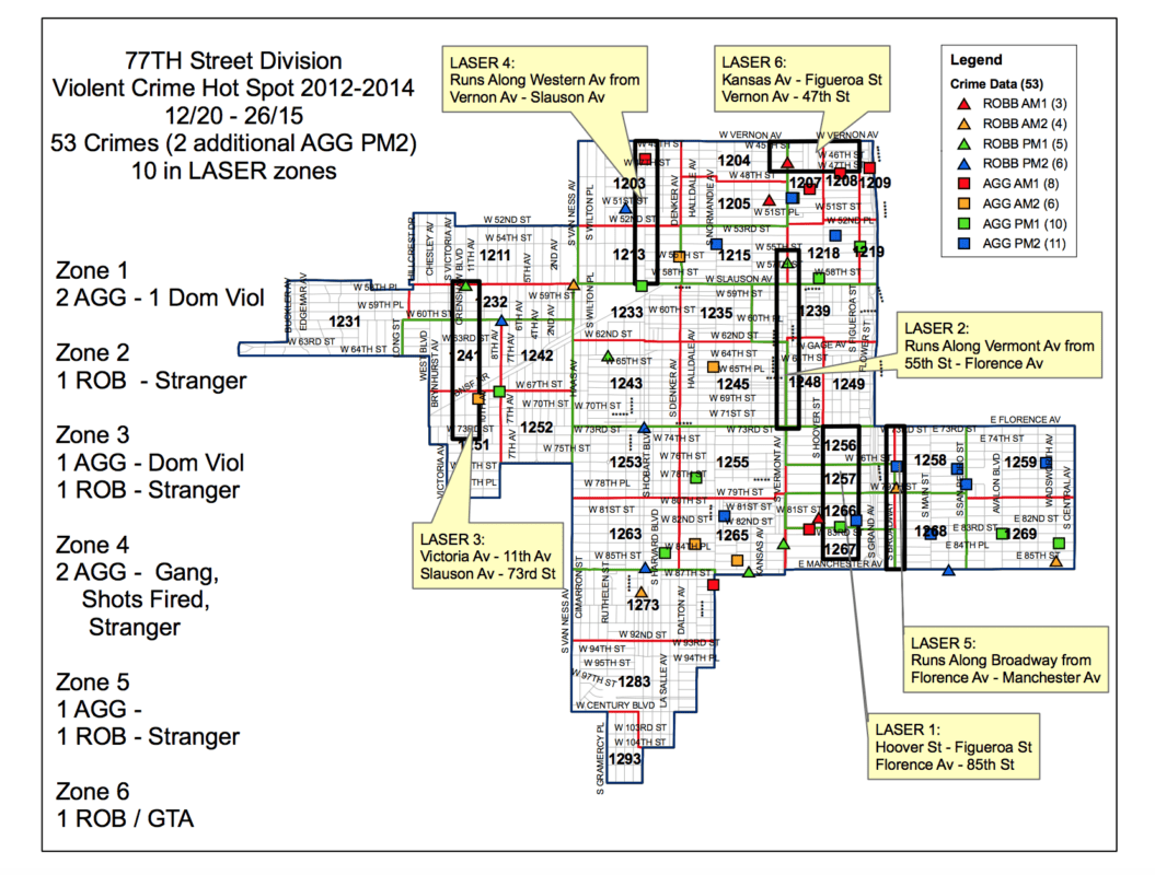 Un mapa de la División 77th Street de la Policía de Los Ángeles (LAPD) muestra seis zonas LÁSER. 
